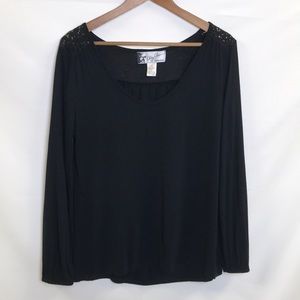 OLEG CASSINI Lace Shoulder Black Blouse Long Sleeve